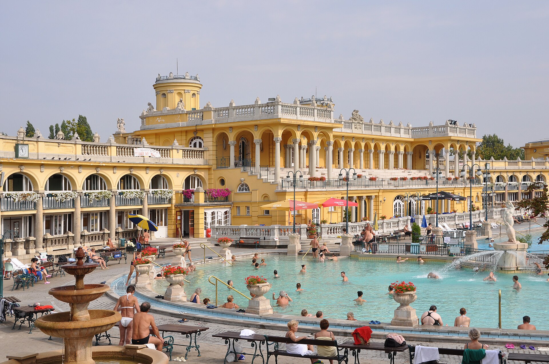 The outdoor pools at the Szechenyi thermal baths