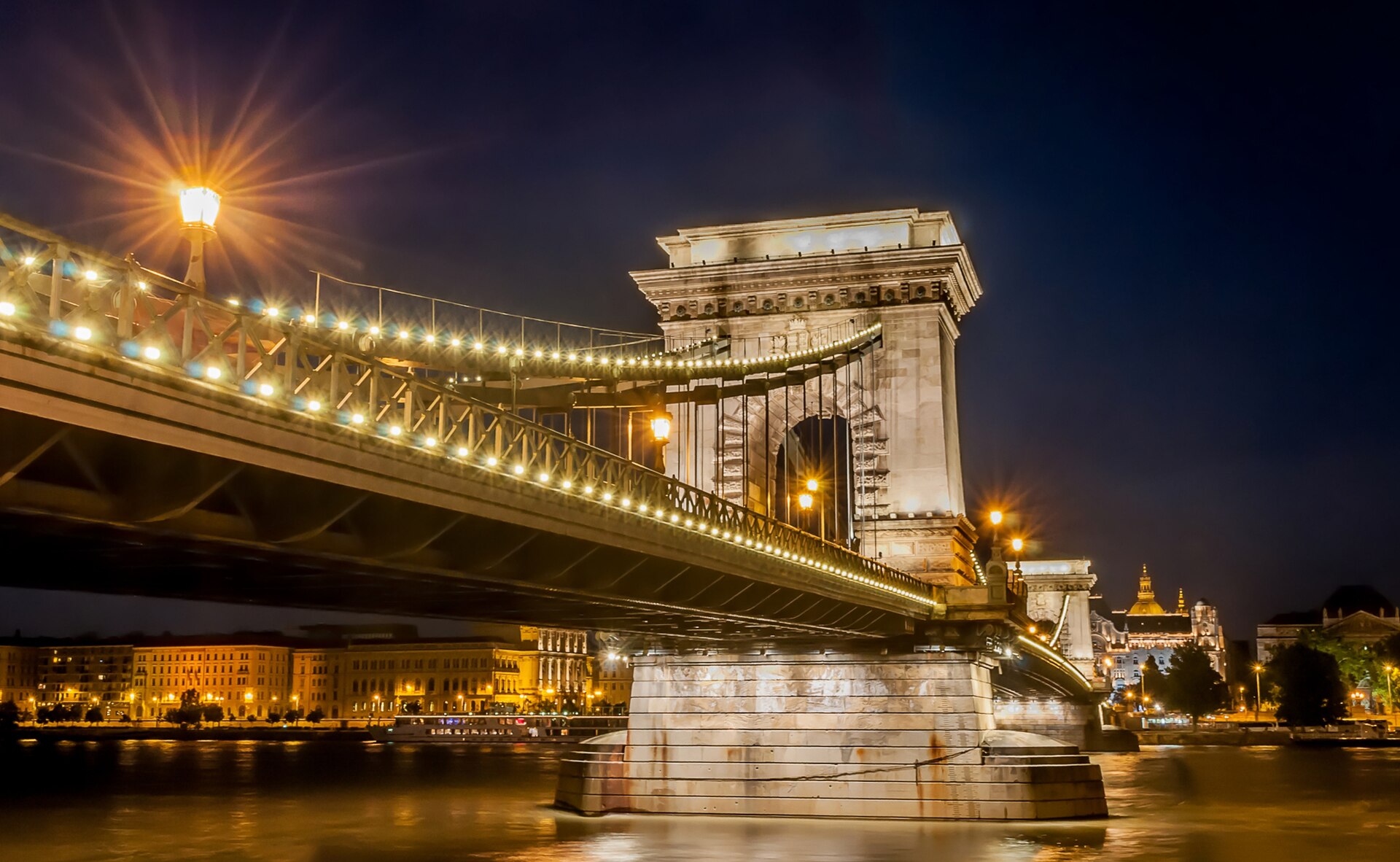 The Szechenyi Chain Bridge lit at night
