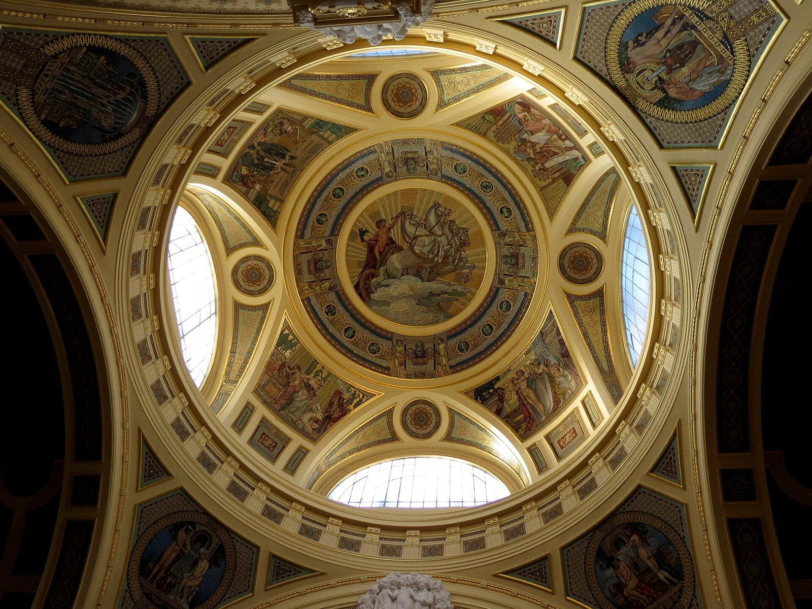 Széchenyi thermal bath, central hall dome, Helios with quadriga, Budapest