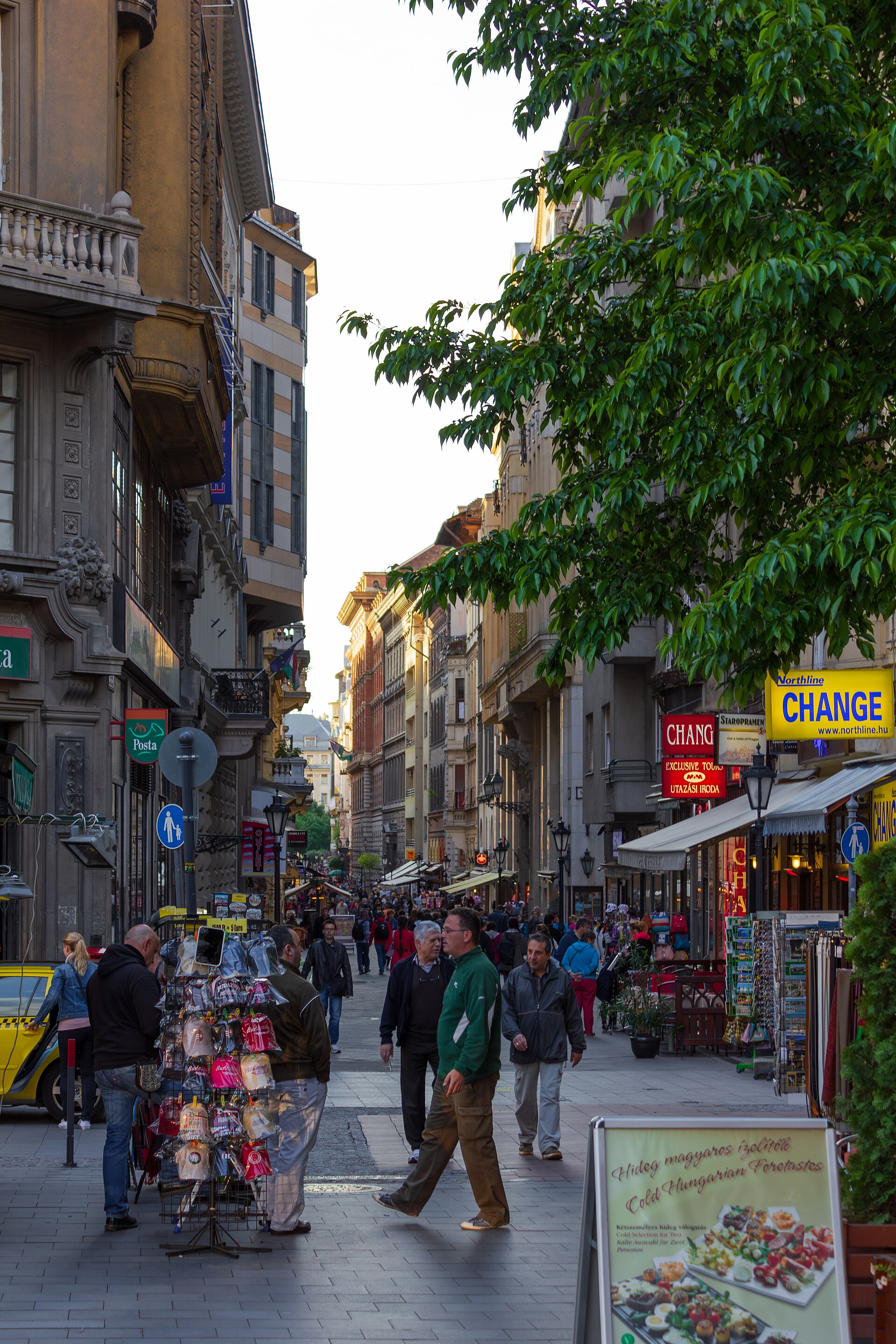 A busy pedestrian street in central Pest