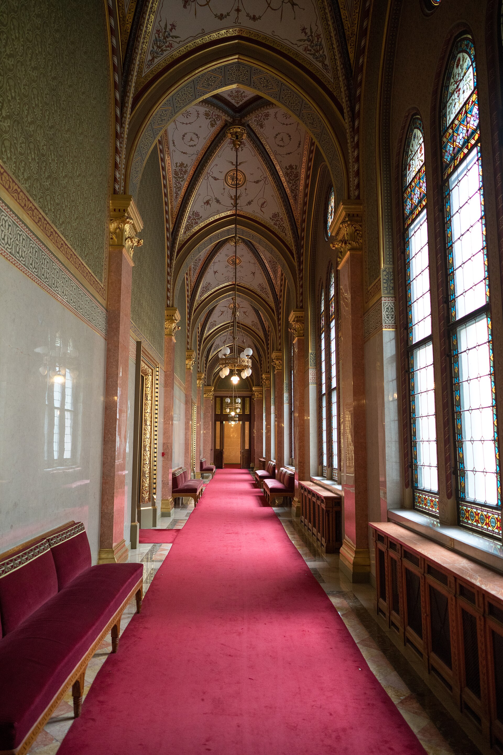 The grand staircase inside the Hungarian Parliament