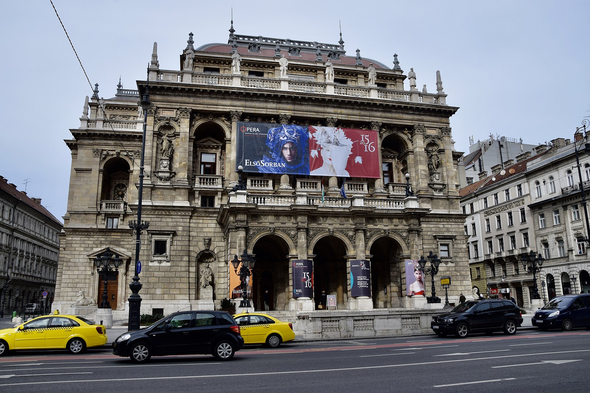 The Opera House facade on Andrassy Avenue