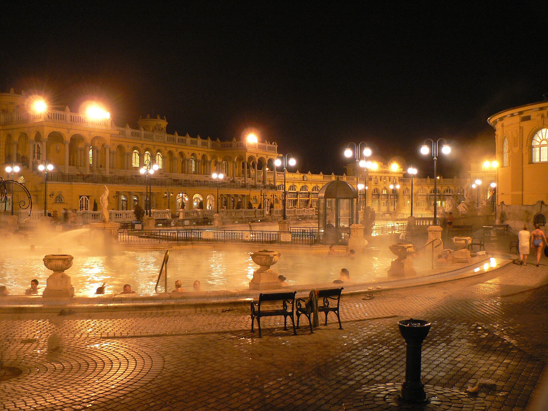 The Szechenyi baths lit at night